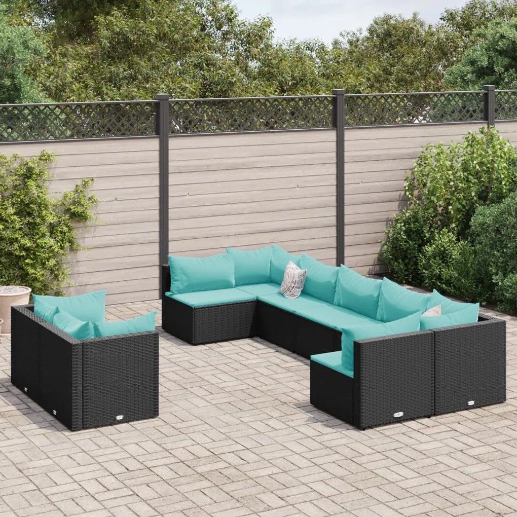 9 pcs conjunto de sofás p/ jardim c/ almofadões vime PE preto