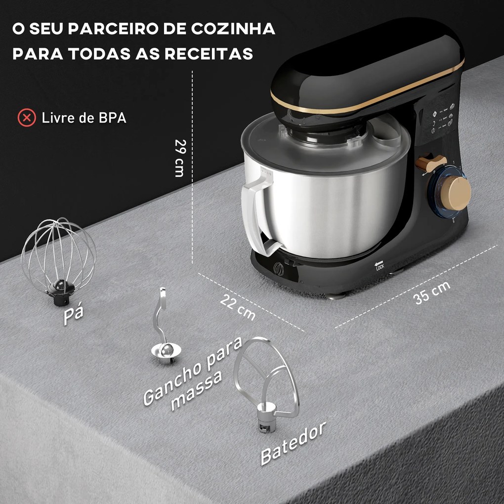 Batedeira 133W 4,5L com 6 Velocidades Tigela de Aço Inoxidável Ganchos e Proteção Tampa Anti-Respingos 35x22x29 cm Preto