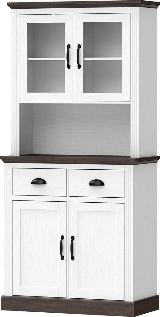 HOMCOM Armário de Cozinha Alto com Portas de Vidro, 2 Gavetas, Prateleiras Ajustáveis e Nicho Aberto 80x38x170 cm Branco | Aosom Portugal