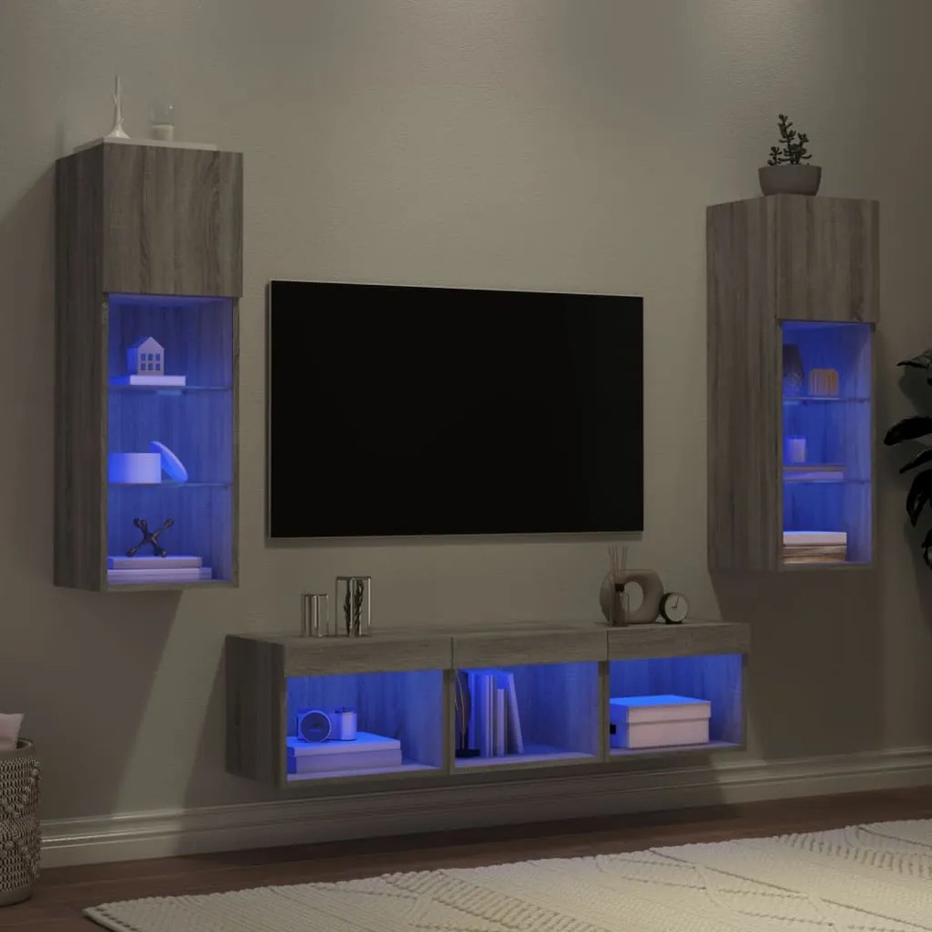 vidaXL 5 pcs móveis parede p/ TV c/ LEDs deriv. madeira cinza sonoma