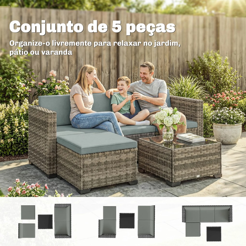 Conjunto de Jardim em Vime de 5 Peças Inclui Almofadas 2 Poltronas de Canto Poltrona sem Braços Apoia-Pés e Mesa de Centro Cinza Claro
