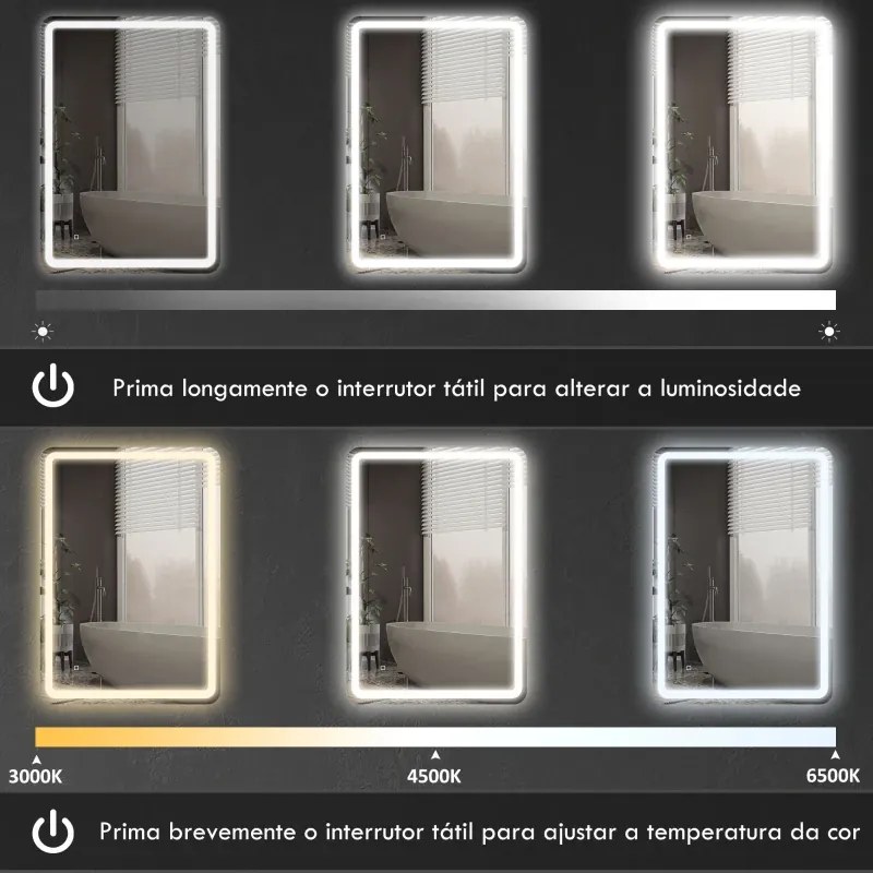 Espelho Casa de Banho com Luzes LED 70x100 cm Função Antiembaciamento 3 Temperaturas de Cor Ajustável e Função de Memória Prata