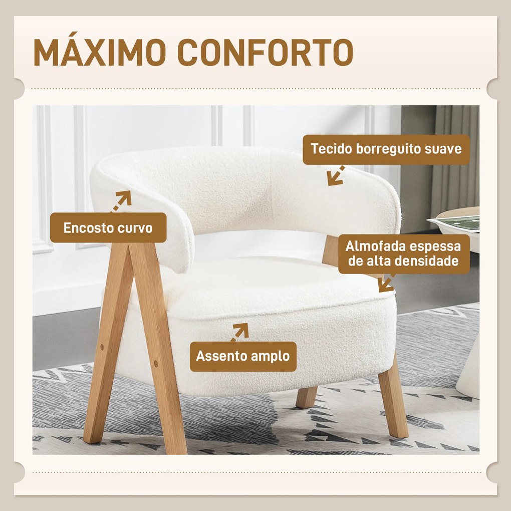 Poltrona de Sala de Estar Estofada em Borreguito Poltrona de Leitura Moderna com Encosto Curvo 70x64x71 cm Branco