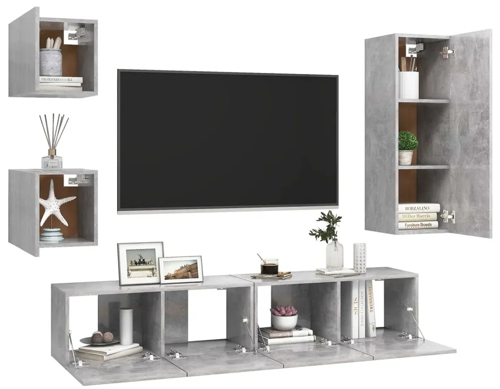 5 pcs conjunto de móveis de TV derivados madeira cinza cimento