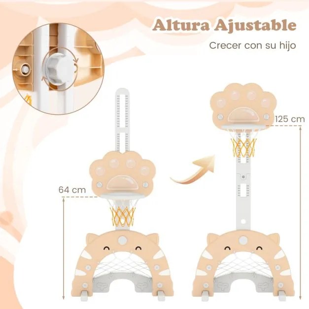 Cesto de basquetebol 3 em 1 ajustável em altura com jogos de futebol e golfe para crianças a partir dos 3 anos 65 x 49 x 130-151 cm Caqui
