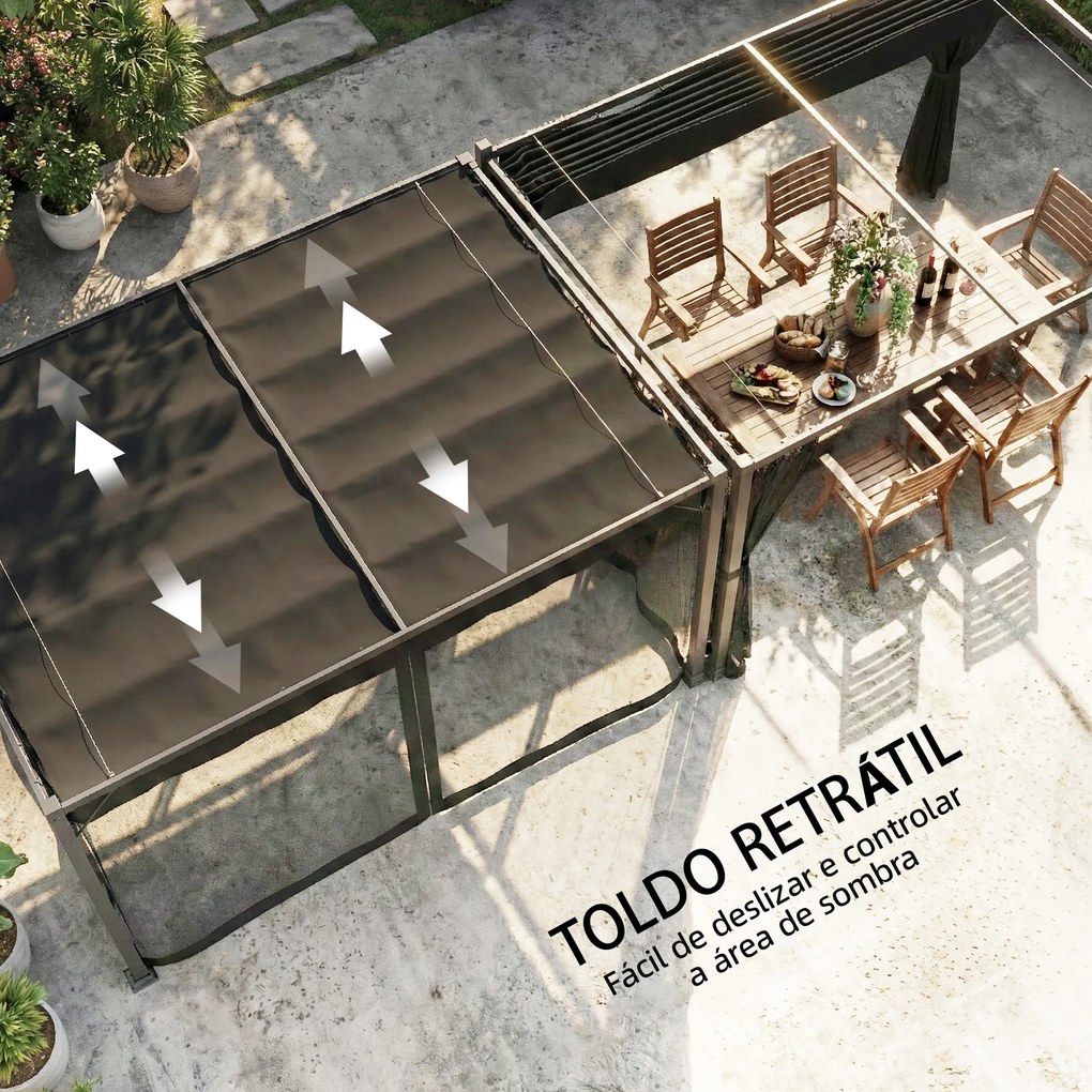 Pérgola de Jardim 3x4 m com Teto Retrátil e 4 Laterais em Rede UPF30+ Pérgola para Exterior Terraço Cinza