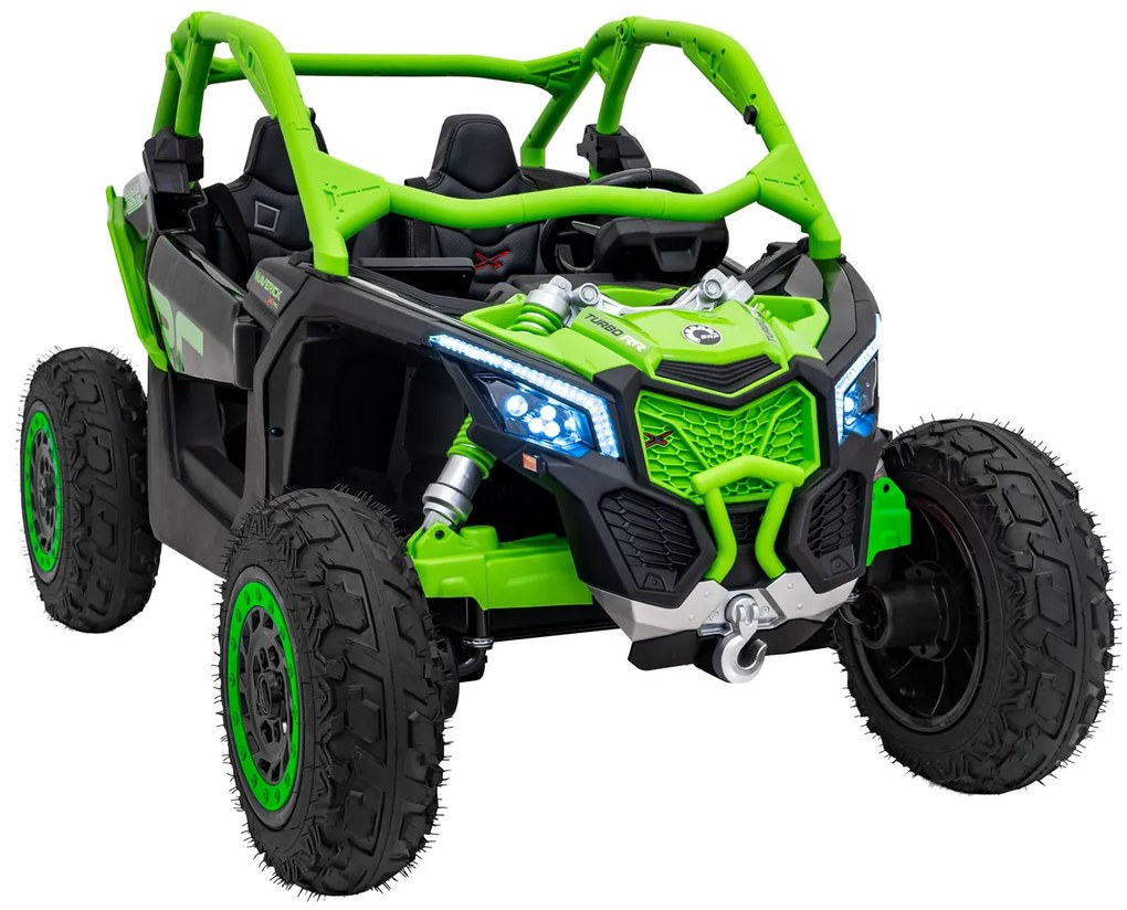Carro elétrico para Crianças 2 Lugares 24V CAM-AM Buggy Maverick Turbo RR STRONG Motor 320 W, Rodas AR bombeado, assento couro ecológico Verde