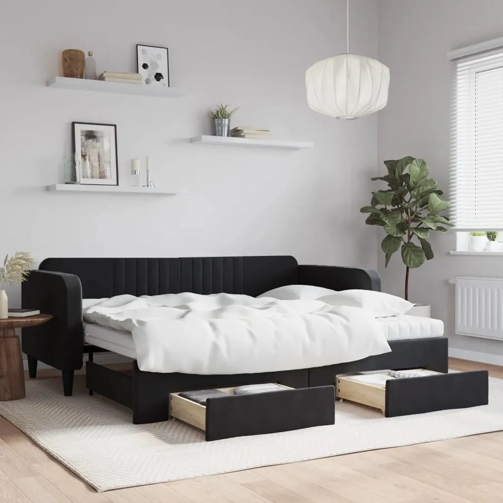 Sofá-cama com gavetão e gavetas 90x200 cm veludo preto
