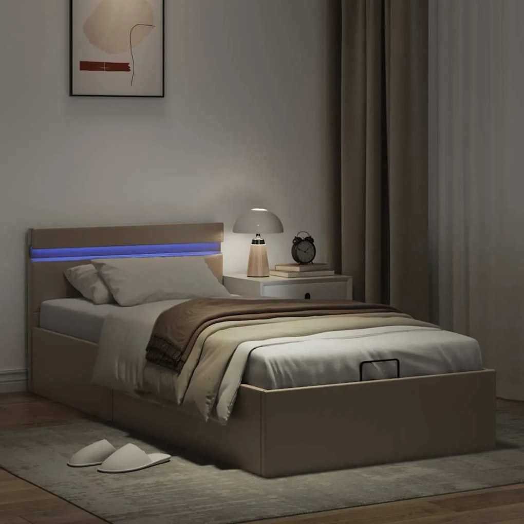 Cama hidrául. arrumação e LED 100x200cm couro artif. cappuccino