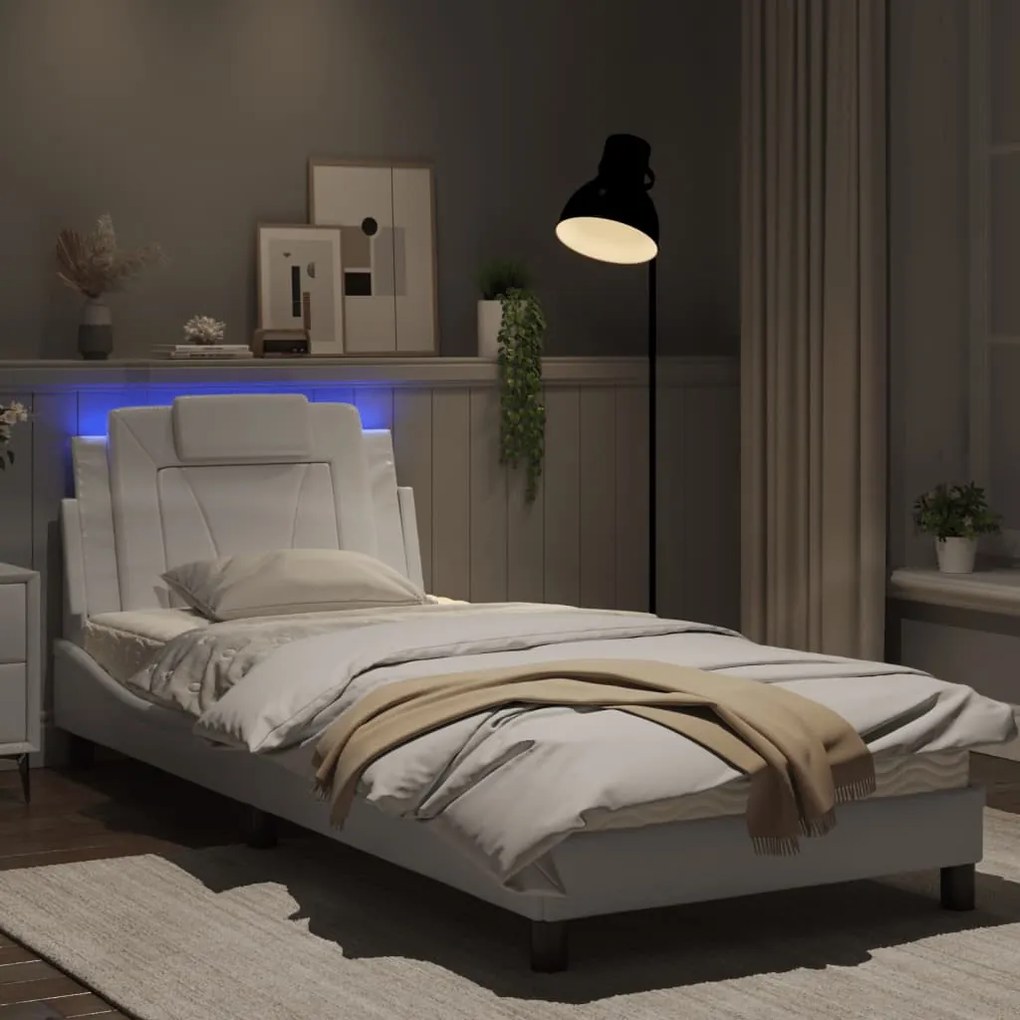 Estrutura de cama c/ luzes LED 90x200cm couro artificial branco