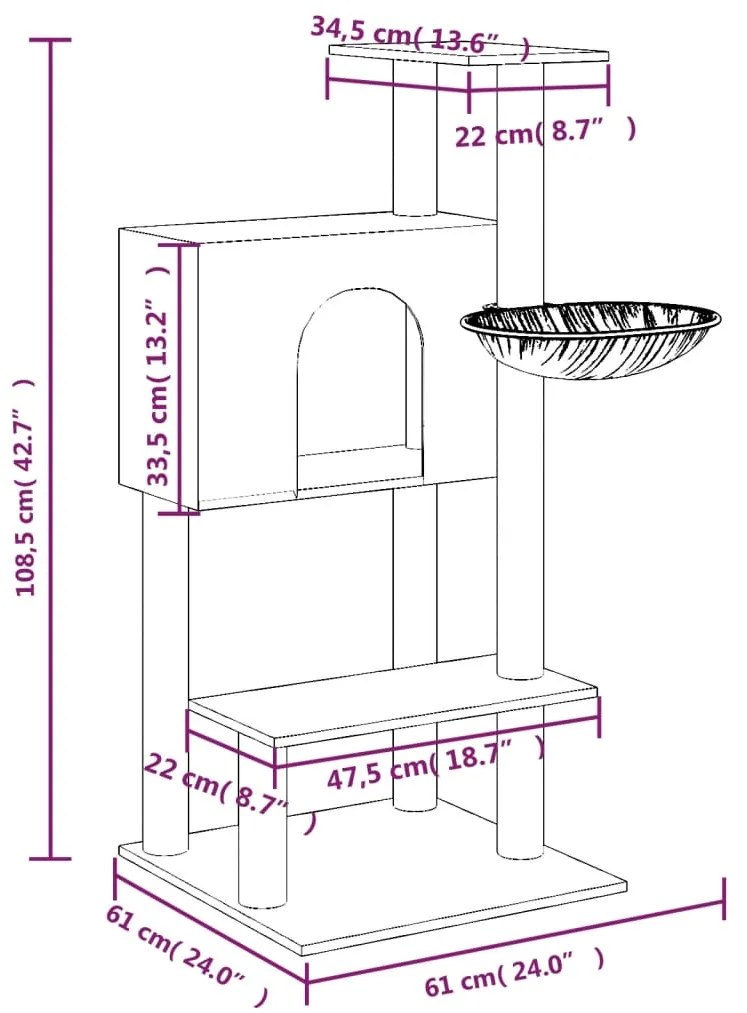 Árvore para gatos c/ arranhadores sisal 108,5 cm cinza-claro
