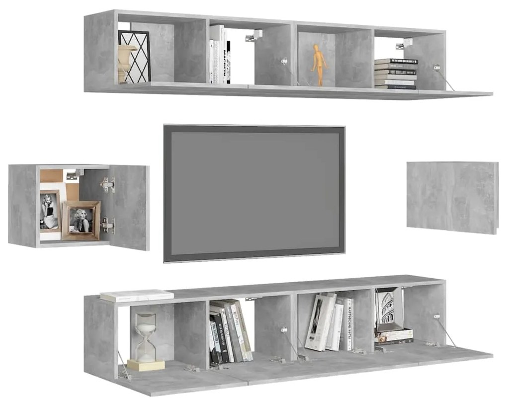 6 pcs conjunto móveis de TV derivados madeira cinzento cimento