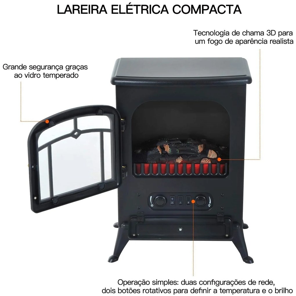 Lareira Elétrica Vertical com Aquecimento e Chama/Lenha Decorativa - D