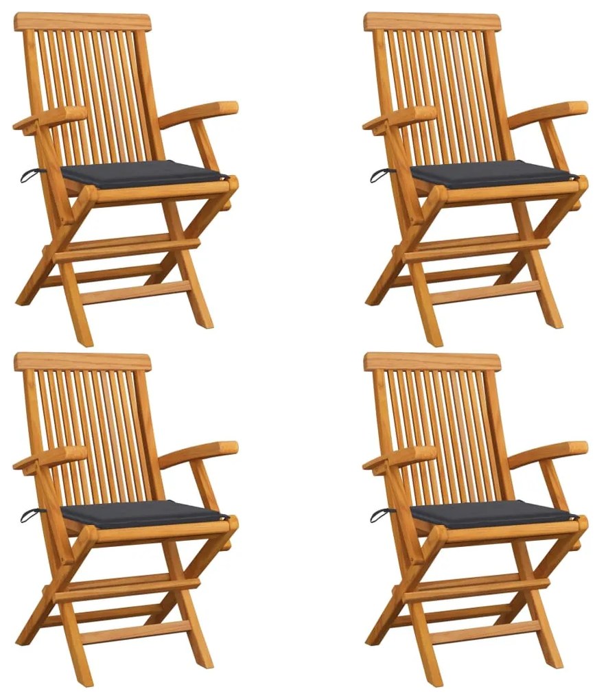 vidaXL Cadeiras de jardim c/ almofadões antracite 4 pcs teca maciça