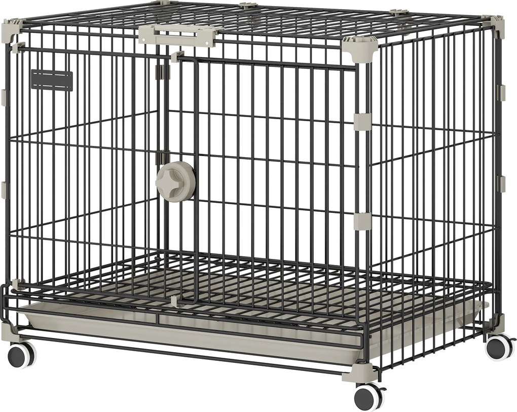 Gaiola dobrável para cães, tabuleiro removível, rodas com travões, teto abrível com fecho de segurança, 60,5 x 45,5 x 54,5 cm, preta