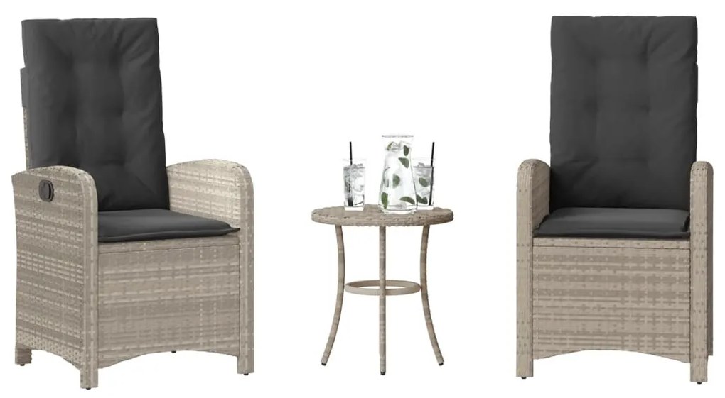 vidaXL 3 pcs conjunto bistrô com almofadões vime PE cinzento claro
