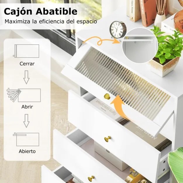 Cómoda 3 gavetas moderna 60 x 40 x 95,5 cm cm com porta de vidro canelado e gavetas extraíveis Pernas metálicas Branca