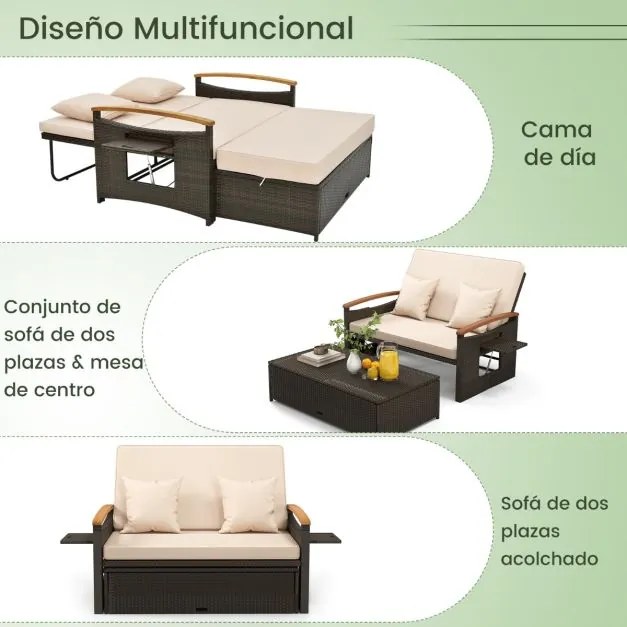 Sofá-cama de rattan para exterior com apoio para os pés com arrumação Encosto ajustável em 4 níveis e tabuleiros laterais retrácteis mistura de castan