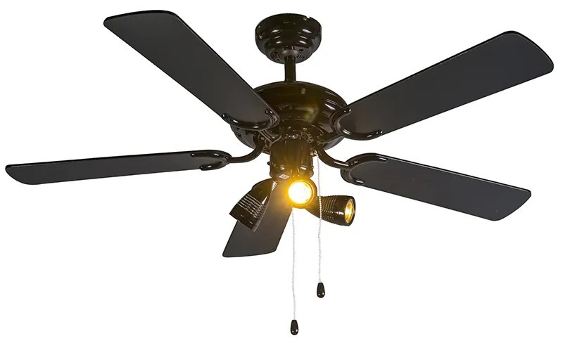Ventilador de teto preto 110cm 3-luzes com cordão de tração - Mistral Moderno