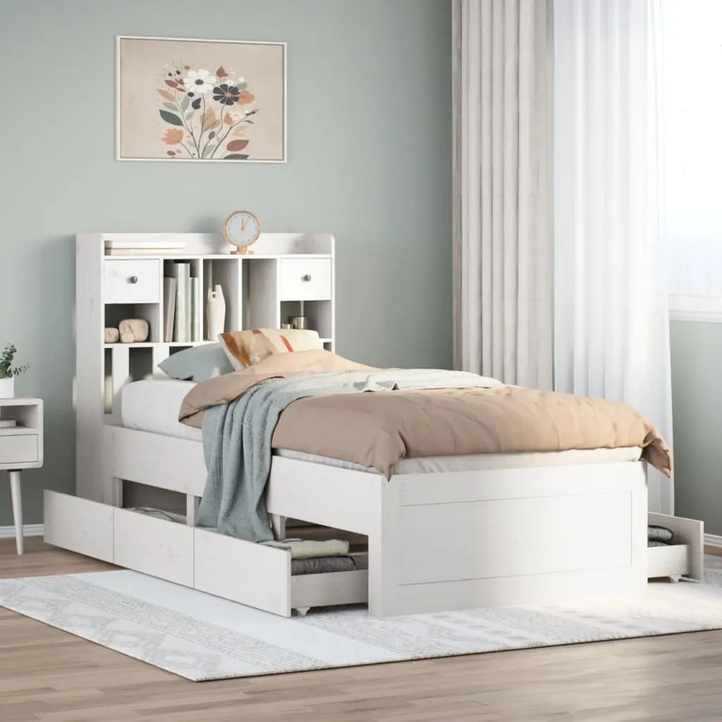 vidaXL Cama com estante sem colchão 75x190 cm pinho maciço branco