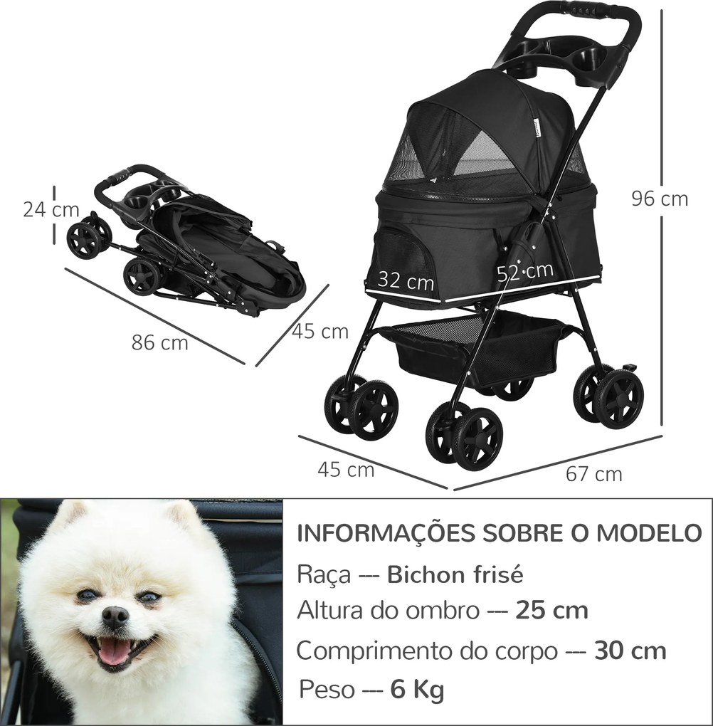 PawHut Carrinho para Cães Dobrável Carrinho para Cães Pequenos com Rod