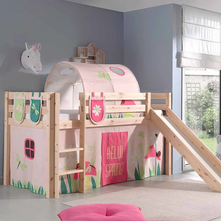 Conjunto Cama alta de Criança PINO 90 x 200 cm + estrado + escada + escorrega + cortina + túnel + bolsas de arrumação Primavera Natural