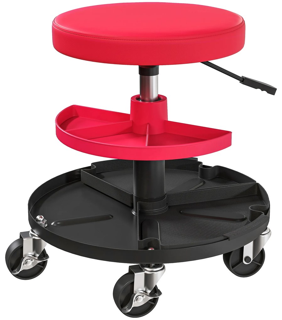 HOMCOM Banco de Oficina Giratório com Rodas Altura Ajustável de 40-51 cm Banco para Mecânico com 2 Bandejas para Ferramentas, Vermelho | Aosom Portugal