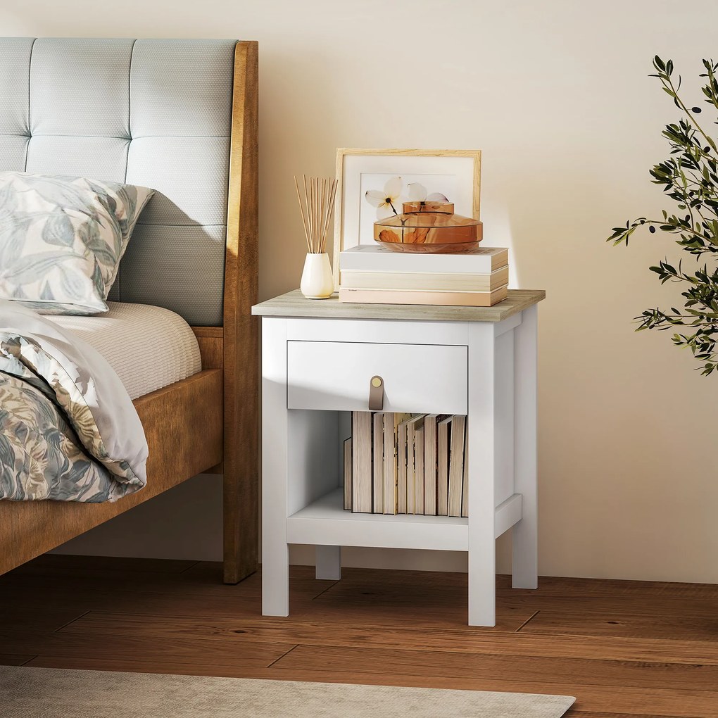 Mesa de Cabeceira Moderna Mesa de Cabeceira com 1 Gaveta Compartimento Aberto Puxador de PU  45x40x55 cm Branco