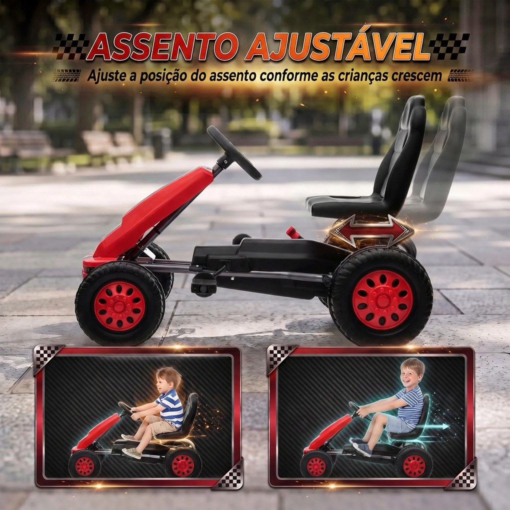 Go-Kart para Crianças +3 Anos com Assento Ajustável, Volante, Travão de Mão, Estrutura em Alumínio e Aço, até 30 kg, Vermelho