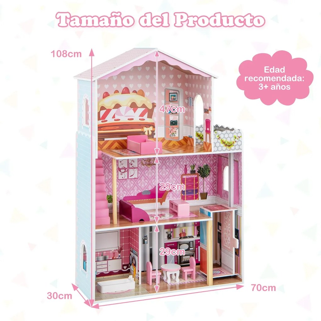 Casa de Bonecas em Madeira Brinquedo para Crianças 3+ Anos com Quartos Simulados Elevador Funcional Papel de Parede Funcional 70 x 30 x 108 cm Rosa