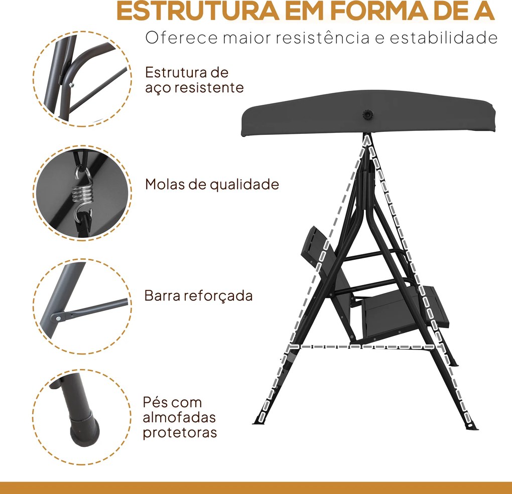 Baloiço de Jardim Exterior de 3 Lugares com Toldo Reclinável Assento Respirável e Estrutura de Aço 175x118x159 cm Preto