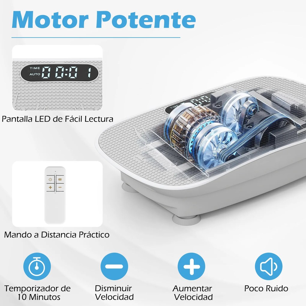 Plataforma vibratória muscular com 10 intensidades e controlo remoto para emagrecer, queimar calorias e tonificar os músculos - Cinzenta