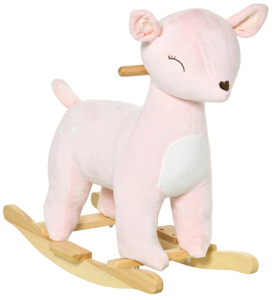 Baloiço Infantil de Cervo para Crianças acima de 3 Anos Baloiço com Sons Realistas de Pelúcia e Base de Madeira Carga 45kg 68x35,5x64cm Rosa