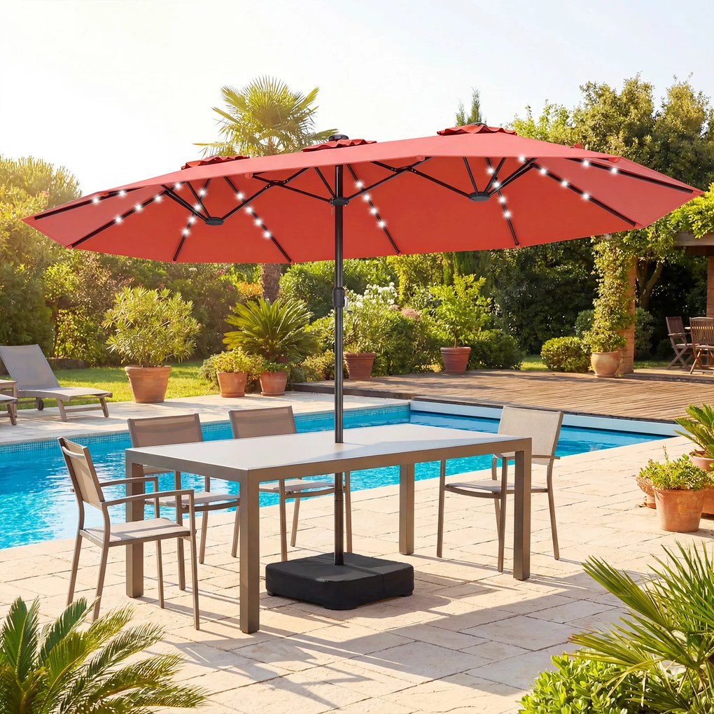 Guarda-sol duplo 460 x 285 cm com 48 luzes LED, 3 aberturas de ventilação, 12 varas, base e manivela para jardim, terraço e piscina – Laranja