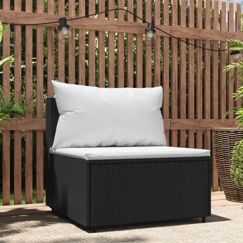 319737 vidaXL Sofá de centro para jardim com almofadões vime PE preto