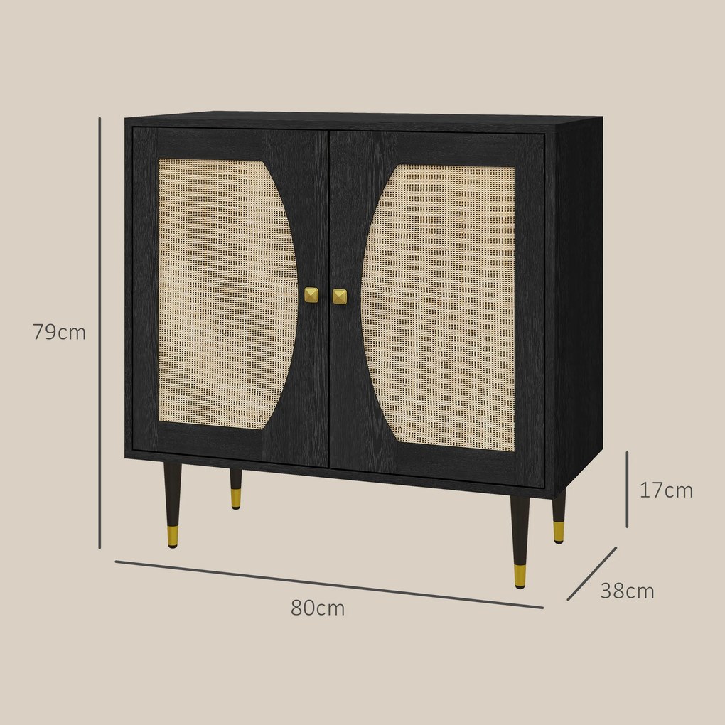 Aparador de cozinha com design boémio, duas portas e dois níveis, frente em rattan, 80 x 38 x 79 cm, preto