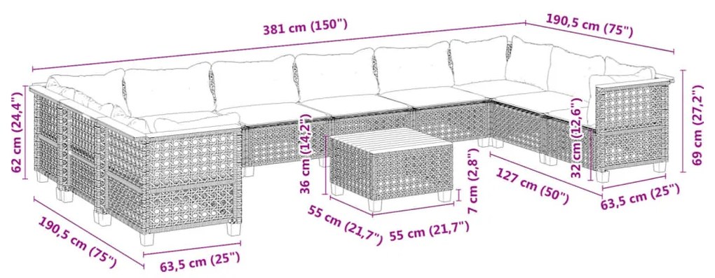 11 pcs conjunto sofás de jardim c/ almofadões vime PE preto