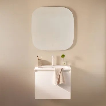 Conjunto De Móvel De Casa De Banho Suspenso Em Madeira Com Lavatório Integrado Macrae Branco & Quadrado Led E Anti-embaciamento 75x75 Cm - Sklum