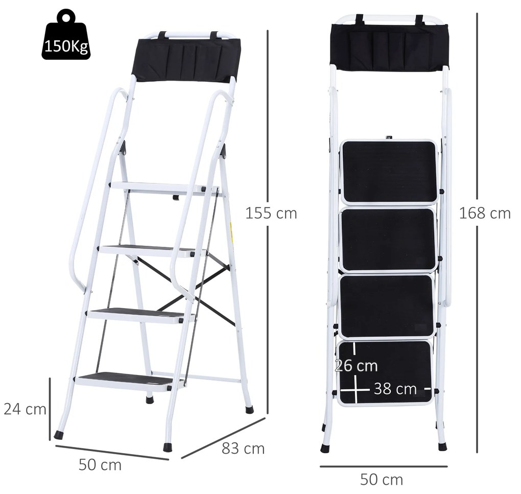 HOMCOM Escada Dobrável com 4 Degraus Escada de Metal com Apoio para os Braços e Suporte para Ferramentas Carga Máxima 150 kg 50x83x155 cm Branco e Preto