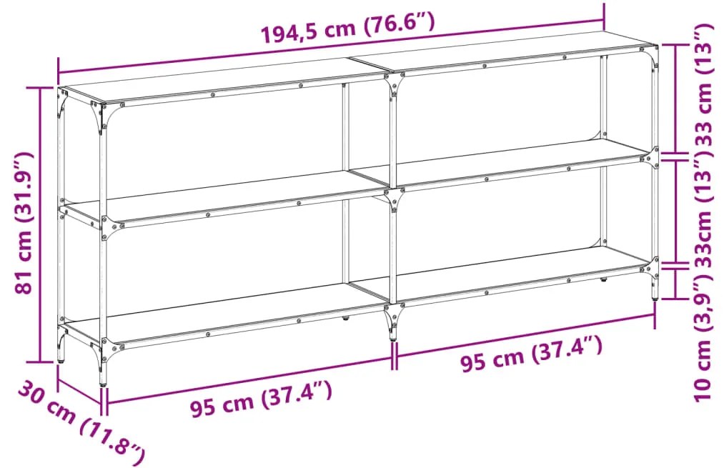 Mesa consola com tampo em vidro transparente 194,5x30x81 cm aço