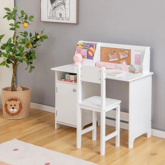 Conjunto de mesa e cadeira de madeira para crianças Mesa de estudo de madeira para crianças com cadeira  para crianças 3+ anos 90 x 45 x 86 cm Branco