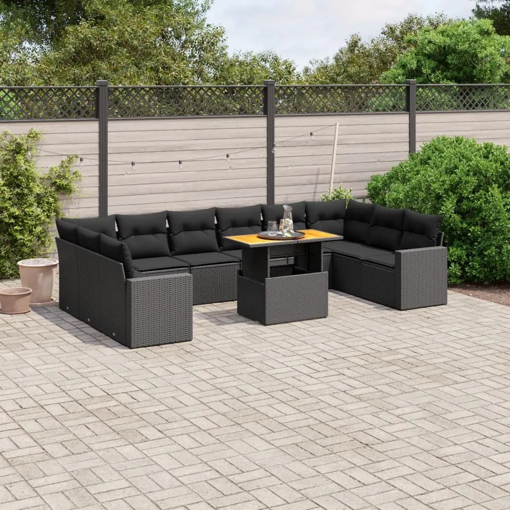 11 pcs conjunto sofás de jardim c/ almofadões vime PE preto