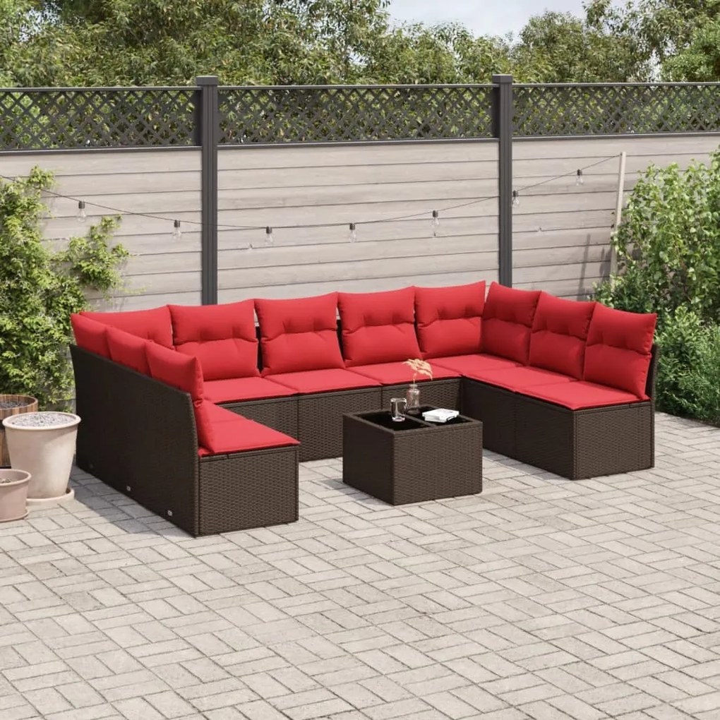 vidaXL 10 pcs conj. sofás jardim com almofadões vime PE castanho