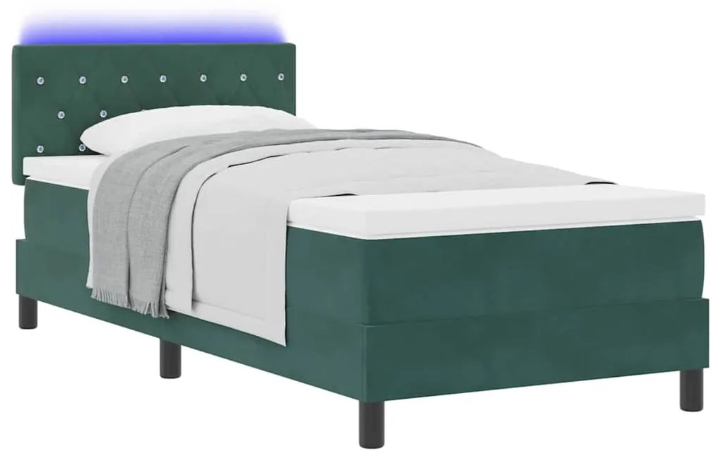 Cama Box Spring vidaXL com Colchão e LED Verde Escuro 90x200 cm Veludo