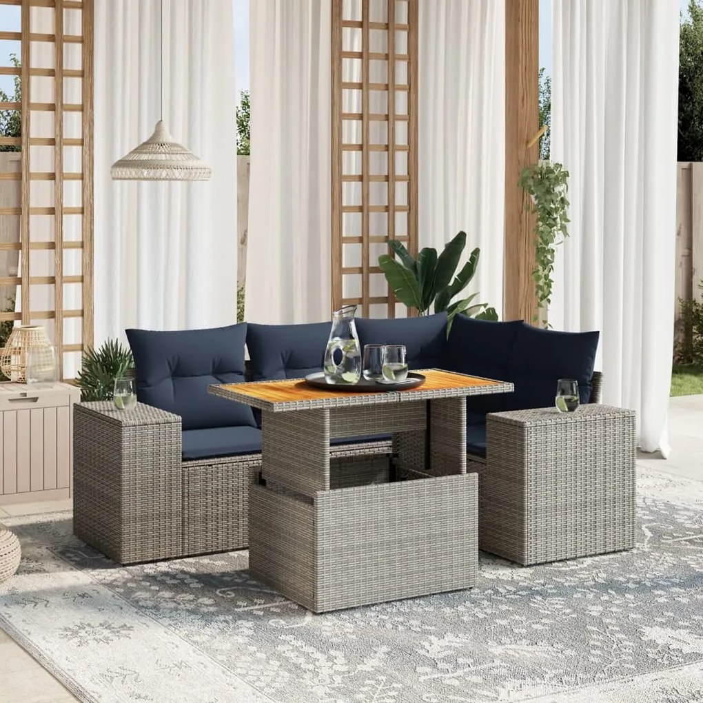 vidaXL 5 pcs conjunto sofás p/ jardim c/ almofadões vime PE cinzento