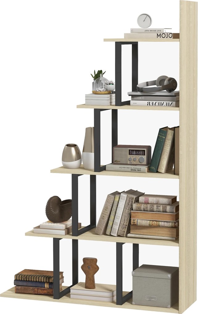Estante-biblioteca divisória de ambientes em estilo industrial 102 x 30 x 160 cm, em forma de escada, com 5 prateleiras, cor carvalho