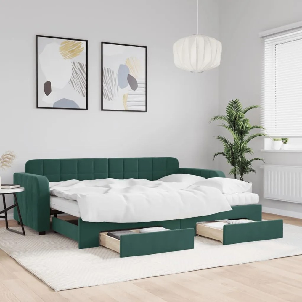 Sofá-cama c/ gavetão e gavetas 80x200cm veludo verde-escuro