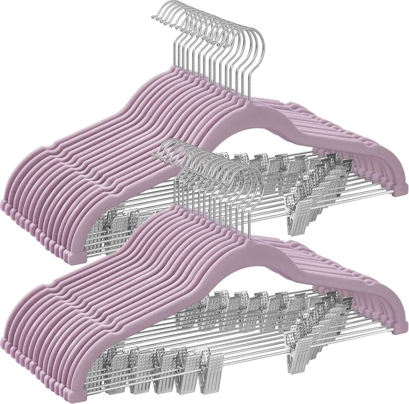 Conjunto 30 Cabides de veludo com clipes ajustáveis lilás lavanda