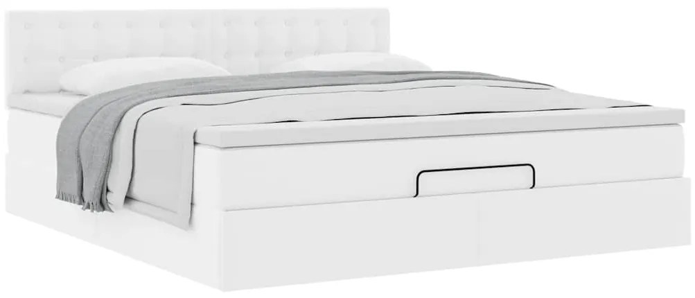 Estrutura de cama otomana com colchão branco couro falso