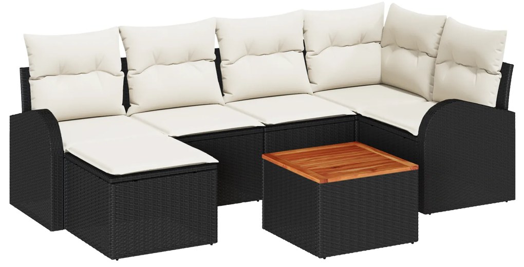 vidaXL Conjunto de Sofá de Jardim de 7 Peças com Almofadas Pretas de Rattan Acácia.